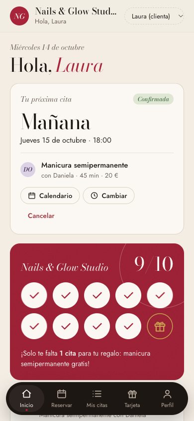 Captura de la app de la clienta con su próxima cita y su tarjeta de sellos